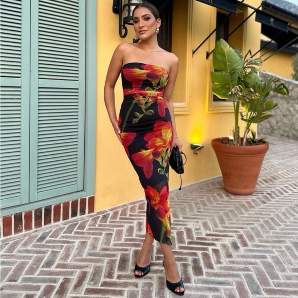 Zara Floral Red Black Bodycon Dress